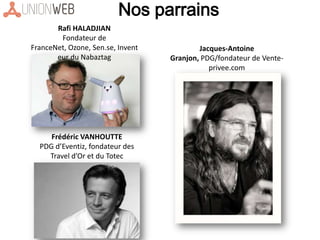 Nos parrains
Jacques-Antoine
Granjon, PDG/fondateur de Vente-
privee.com
Frédéric VANHOUTTE
PDG d’Eventiz, fondateur des
Travel d’Or et du Totec
Rafi HALADJIAN
Fondateur de
FranceNet, Ozone, Sen.se, Invent
eur du Nabaztag
 