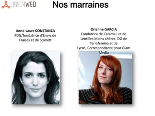 Nos marraines
Anne-Laure CONSTANZA
PDG/fondatrice d’Envie de
Fraises et de Scarlett
Orianne GARCIA
Fondatrice de Caramail et de
Lentilles Moins chères, DG de
Terrafemina et de
Lycos, Correspondante pour Glam
Media
 
