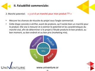 II. Faisabilité commerciale:
12
2. Marché potentiel: « y a t-il un marché pour mon produit ?? »
• Mesurer les chances de réussite du projet sous l’angle commercial.
• Cette étape consiste à vérifier, avant de produire, qu’il existe bien un marché pour
le produit. Elle vise à mesurer et à estimer le potentiel et les caractéristiques du
marché visé, afin de déterminer si le projet à l’étude produira le bon produit, au
bon moment, au bon endroit et au bon prix (marketing mix).
www.univenture.or
 