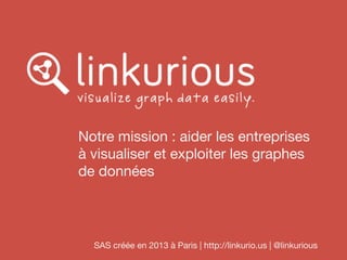 SAS créée en 2013 à Paris | http://linkurio.us | @linkurious
Notre mission : aider les entreprises
à visualiser et exploiter les graphes
de données
 