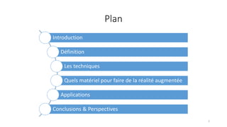 Plan
2
Introduction
Définition
Les techniques
Quels matériel pour faire de la réalité augmentée
Applications
Conclusions & Perspectives
 