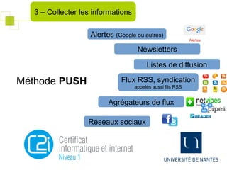 Méthode PUSH
3 – Collecter les informations
Alertes (Google ou autres)
Newsletters
Flux RSS, syndication
appelés aussi fils RSS
Listes de diffusion
Agrégateurs de flux
Réseaux sociaux
 