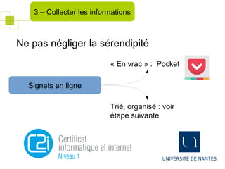 Ne pas négliger la sérendipité
3 – Collecter les informations
Signets en ligne
« En vrac » : Pocket
Trié, organisé : voir
étape suivante
 