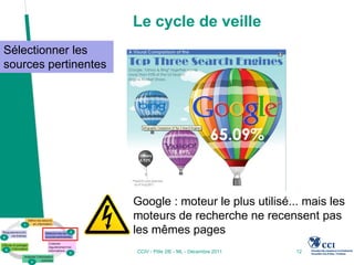 Le cycle de veille
Sélectionner les
sources pertinentes




                      Google : moteur le plus utilisé... mais les
                      moteurs de recherche ne recensent pas
                      les mêmes pages
                      CCIV - Pôle 2IE - ML - Décembre 2011   12
 