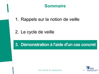 Sommaire


1. Rappels sur la notion de veille

2. Le cycle de veille

3. Démonstration à l'aide d'un cas concret




            CCIV - Pôle 2IE - ML - Décembre 2011   24
 