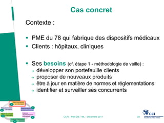 Cas concret
Contexte :

 PME du 78 qui fabrique des dispositifs médicaux
 Clients : hôpitaux, cliniques

 Ses besoins (cf. étape 1 - méthodologie de veille) :
     développer son portefeuille clients
     proposer de nouveaux produits
     être à jour en matière de normes et réglementations
     identifier et surveiller ses concurrents



                 CCIV - Pôle 2IE - ML - Décembre 2011   25
 
