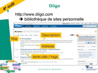 Diigo
   http://www.diigo.com
      bibliothèque de sites personnelle


                     Description
Titre

                    Adresse


            Mots-clés / tags


               CCIV - Pôle 2IE - ML - Décembre 2011   38
 