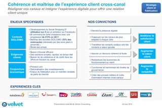 Cohérence et maîtrise de l’expérience client cross-canal                                                                                 Stratégie
                                                                                                                                         client et
Réaligner vos canaux et intégrer l’expérience digitale pour offrir une relation
                                                                                                                                       fidélisation
client unique

 ENJEUX SPECIFIQUES                                                             NOS CONVICTIONS

               • Développement du Social Shopping (1
                                                                                  • Etendre la présence digitale
                 utilisateur sur 4 est un acheteur sur Facebook)
               • M commerce en forte croissance avec une
                                                                                                                                   Améliorer la
   Contexte      progression de 215% en 2011                                      • S’appuyer sur les canaux les plus
  SO/LO/MO     • Maîtrise des données SO/LO/MO (53% des                             adaptés à chaque cible                         satisfaction
                 mobinautes intéressés par des bons plans à                                                                           client
                 proximité )                                                      • Transférer les contacts coûteux vers les
               • Mixité des achats                                                  contacts à valeur ajoutée

               • Besoin d’écoute efficace
                                                                                                                                   Augmenter
                                                                                  • Assurer un discours cohérent et fluide          la valeur
  Exigences    • Des solutions simples, rapides, en temps réel
   clients     • Besoin de de cohérence et de clarté dans les                                                                         client
                 offres en fonction du canal                                      • Redistribuer les économies de
                                                                                    fonctionnement au client

               • Pression prix                                                                                                     Augmenter
                                                                                  • Coordonner et harmoniser les modes de
 Conjoncture   • Rationalisation des investissements                                gouvernance                                        la
 économique    • Enjeux de fidélisation pour un maintien rentable                                                                  rentabilité
                 de parts de marché                                               • Créer des process métiers et outils
                                                                                    d’animation internes cross-canaux



 EXPERIENCES CLES




                                          Présentation externe de Velvet Consulting
                                                            11                                                       24 mai 2012
 