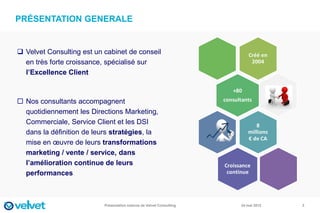 PRÉSENTATION GENERALE


 Velvet Consulting est un cabinet de conseil
  en très forte croissance, spécialisé sur
  l’Excellence Client



 Nos consultants accompagnent
  quotidiennement les Directions Marketing,
  Commerciale, Service Client et les DSI
  dans la définition de leurs stratégies, la
  mise en œuvre de leurs transformations
  marketing / vente / service, dans
  l’amélioration continue de leurs
  performances



                           Présentation externe de Velvet Consulting   24 mai 2012   2
 