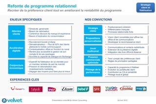 Stratégie
Refonte de programme relationnel                                                                                                              client et
Recréer de la préference client tout en améliorant la rentabilité du programme                                                              fidélisation



 ENJEUX SPECIFIQUES                                                              NOS CONVICTIONS

                                                                                                    • Positionnement cohérent
                • Simplicité, générosité                                               Stratégie
                                                                                                    • Différenciation marquée
   Attentes     • Besoin de valorisation                                                ciblée      • Promesse relationnelle forte
    clients     • Cohérence discours de marque et expérience
                • Besoin d’implication du consommateur
                                                                                                    • Vision client consolidée pour affiner les
                                                                                  Propositions
                                                                                                      offres et les communications
                • Recrutement boosté et élargi                                   personnalisées     • Développer la reconnaissance client
                • Dématérialisation – Plus de 50% des clients
                  plébiscite le mobile comme support                                                • Communications et contacts redistribués
 Accélération                                                                           Jouer
                • Contextualisation offres en fonction du canal                                     • Extension de la présence digitale
   digitale     • Rendre plus accessible la gestion de son                             multicanal   • Intégration des trois off/on/à distance
                  compte et de ses avantages
                • Accroître la capacité de dialogue et d’échange                    Pression
                                                                                                    • Tenir compte des préférences client
                                                                                  commerciale       • Règles de priorisation partagées
                • Impératif de fidélisation de sa clientèle pour                   optimisée
                  un maintien rentable de part de marché
 Conjoncture
                • Pression et rationalisation des                                                   •   Capacité du programme à fidéliser
 économique       investissements marketing                                       Pilotage de la    •   Evolution du portefeuille client
                • Dégager des moyens pour faire plus et mieux                     performance       •   Contribution au CA et rentabilité
                                                                                                    •   Pilotage local et global

 EXPERIENCES CLES




                                           Présentation externe de Velvet Consulting
                                                             10                                                   24 mai 2012
 