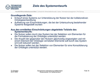 Ziele des Systementwurfs Grundlegende Ziele:  Entwurf eines Systems zur Unterstützung der Nutzer bei der kollaborativen Ontologieentwicklung Aufhebung von Einschränkungen, die bei der Untersuchung bestehender Systeme festgestellt wurden Aus den ermittelten Einschränkungen abgeleitete Teilziele des Systementwurfs: Die Nutzer sollen durch das System bei der Selektion von Elementen für die Formalisierung der Ontologie unterstützt werden. Die Anzahl der gegenüber den Nutzern gleichzeitig angezeigten und mit einem Element der Ontologie vernetzten Elemente soll durch das System sinnvoll reduziert werden. Die Nutzer sollen bei der Selektion von Elementen für eine Konsolidierung der Ontologie unterstützt werden. 