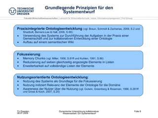 Grundlegende Prinzipien für den Systementwurf Praxisintegrierte Ontologieentwicklung   (vgl. Braun, Schmidt & Zacharias, 2009, S.2 und Shadbolt, Berners­Lee & Hall, 2006, S.99) : Verwendung des Systems zur Durchführung der Aufgaben in der Praxis einer Gemeinschaft und zur kollaborativen Entwicklung einer Ontologie  Aufbau auf einem semantischen Wiki Fokussierung : Memory Chunks  (vgl. Miller, 1956, S.81ff und Kuhlen, 1991, S.86)‏ Reduzierung auf sieben gleichzeitig angezeigte Elemente in Listen Erweiterbarkeit auf vollständige Listen der Elemente Nutzungsorientierte Ontologieentwicklung : Nutzung des Systems als Grundlage für die Fokussierung Nutzung indiziert Relevanz der Elemente der Ontologie für die Domäne Awareness der Nutzer über die Nutzung  (vgl. Gutwin, Greenberg & Roseman, 1996, S.281ff und Gross & Koch, 2007, S.25)‏ 