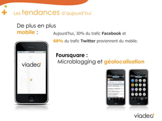 Les tendances d’aujourd’huiDe plus en plus mobile:Aujourd’hui, 30% du trafic Facebook et 60%du trafic Twitter proviennent du mobile.Foursquare :Microblogging et géolocalisation