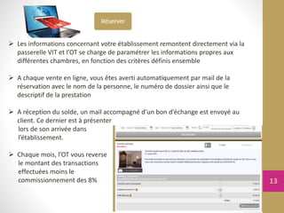  Les informations concernant votre établissement remontent directement via la
passerelle VIT et l’OT se charge de paramétrer les informations propres aux
différentes chambres, en fonction des critères définis ensemble
 A chaque vente en ligne, vous êtes averti automatiquement par mail de la
réservation avec le nom de la personne, le numéro de dossier ainsi que le
descriptif de la prestation
 A réception du solde, un mail accompagné d’un bon d’échange est envoyé au
client. Ce dernier est à présenter
lors de son arrivée dans
l’établissement.
 Chaque mois, l’OT vous reverse
le montant des transactions
effectuées moins le
commissionnement des 8% 13
 
