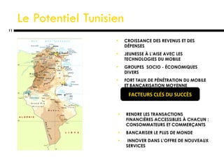 Le Potentiel Tunisien CROISSANCE DES REVENUS ET DES DÉPENSES  JEUNESSE À L’AISE AVEC LES TECHNOLOGIES DU MOBILE GROUPES  SOCIO - ÉCONOMIQUES DIVERS FORT TAUX DE PÉNÉTRATION DU MOBILE ET BANCARISATION MOYENNE FACTEURS CLÉS DU SUCCÈS RENDRE LES TRANSACTIONS FINANCIÈRES ACCESSIBLES À CHACUN : CONSOMMATEURS ET COMMERÇANTS BANCARISER LE PLUS DE MONDE  INNOVER DANS L’OFFRE DE NOUVEAUX SERVICES 