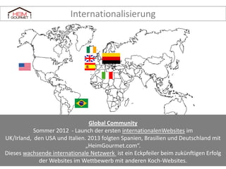 Internationalisierung

Global Community
Seit 2012 gingen im Zuge einer internationalen Erweiterung mehrere internationale
Websites des Konzerns online! Dabei sind bereits: UK/Irland, USA, Italien, Spanien,
Brasilien und zuletzt Deutschland.
Dieses wachsende internationale Netzwerk ist ein Eckpfeiler beim zukünftigen Erfolg
der Websites im Wettbewerb mit anderen Koch-Websites.

 