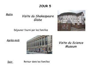 JOUR 5 Matin Visite du Shakespeare Globe Déjeuner fourni par les familles Après-midi Visite du Science Museum Soir  Retour dans les familles 