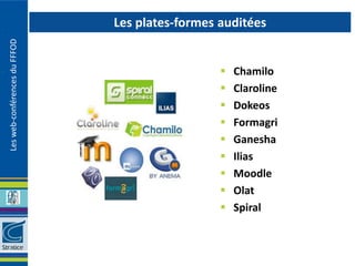 Les plates-formes auditées
Les web-conférences du FFFOD




                                                    Chamilo
                                                    Claroline
                                                    Dokeos
                                                    Formagri
                                                    Ganesha
                                                    Ilias
                                                    Moodle
                                                    Olat
                                                    Spiral
 
