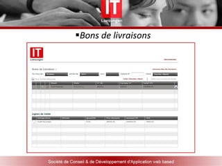Graphe des ventes de l’annéeFacture d’AvoirBons de livraisonsRelevé des comptes clientsOFFRE ITLL’offre d’ITL pour l’acquisition de WebFact : Installation : Elle peut se faire soit : A distance ( prise en main du PC)