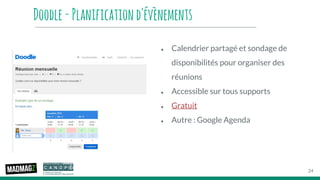 Doodle-Planificationd'évènements
● Calendrier partagé et sondage de
disponibilités pour organiser des
réunions
● Accessible sur tous supports
● Gratuit
● Autre : Google Agenda
24
 