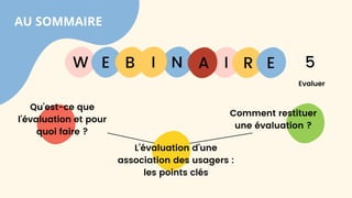 AU SOMMAIRE
Qu’est-ce que
l’évaluation et pour
quoi faire ?
L’évaluation d’une
association des usagers :
les points clés
Comment restituer
une évaluation ?
W E I
B N R E
I A 5
Evaluer
 
