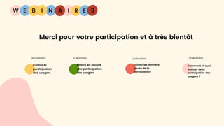 W E I
B N R E
I A
Cadrer la
participation
des usagers
Mettre en oeuvre
une participation
des usagers
Utiliser les données
issues de la
participation
Comment et quoi
évaluer de la
participation des
usagers ?
S
28 novembre 5 décembre 12 décembre 19 décembre
Merci pour votre participation et à très bientôt
 
