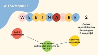 AU SOMMAIRE
Définir
la commande
Concevoir
sa stratégie
REX du service
participation citoyenne du
SICOVAL
W E I
B N R E
I A 2
Cadrer
la participation
des usagers
à son projet
 