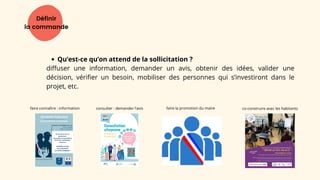 Définir
la commande
Qu’est-ce qu’on attend de la sollicitation ?
diffuser une information, demander un avis, obtenir des idées, valider une
décision, vérifier un besoin, mobiliser des personnes qui s’investiront dans le
projet, etc.
faire connaître : information co-construire avec les habitants
faire la promotion du maire
consulter : demander l’avis
 