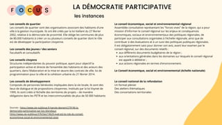 F O C U
LA DÉMOCRATIE PARTICIPATIVE
S
Les conseils de quartier
Les conseils de quartier sont des organisations associant des habitants d’une
ville à la gestion municipale. Ils ont été créés par la loi Vaillant du 27 février
2002, relative à la démocratie de proximité. Elle oblige les communes de plus
de 80.000 habitants à créer un ou plusieurs conseils de quartier dont le rôle
est de développer la participation citoyenne.
Les conseils des jeunes / des seniors
Facultatifs et consultatifs
Les conseils citoyens
Structures indépendantes du pouvoir politique, ayant pour objectif la
participation active et directe de l’ensemble des habitants et des acteurs des
quartiers, dans l’élaboration et la mise en œuvre des contrats de ville. loi de
programmation pour la ville et la cohésion urbaine du 21 février 2014.
Les conseils de développement
Composés de personnes bénévoles impliquées dans la vie locale, ils sont des
lieux de dialogue et de propositions citoyennes. Institués par la loi Voynet de
1999, ils sont créés à l’échelle des territoires de projets – de manière
obligatoire dans les PETR et les intercommunalités de plus de 50 000 habitants
Le conseil économique, social et environnemental régional
Assemblée consultative représentant les "forces vives" de la région, qui a pour
mission d'informer le conseil régional sur les enjeux et conséquences
économiques, sociaux et environnementaux des politiques régionales, de
participer aux consultations organisées à l'échelle régionale, ainsi que de
contribuer à des évaluations et à un suivi des politiques publiques régionales.
Il est obligatoirement saisi pour donner son avis, avant leur examen par le
conseil régional, sur des documents relatifs :
aux différents documents budgétaires de la région ;
aux orientations générales dans les domaines sur lesquels le conseil régional
est appelé à délibérer ;
aux actions régionales en termes d'environnement.
Le Conseil économique, social et environnemental (échelle nationale)
Le conseil national de la refondation
Un format plénier
Des ateliers thématiques
Des concertations territoriales
Sources : https://www.vie-publique.fr/parole-dexpert/279196-la-
democratie-participative-par-loic-blondiaux
https://www.vie-publique.fr/fiches/19629-quel-est-le-role-du-conseil-
economique-social-et-environnemental-ceser
les instances
 