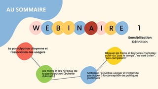 AU SOMMAIRE
La participation citoyenne et
l’association des usagers
W E I
B N R E
I A 1
Sensibilisation
Définition
Les mots et les niveaux de
la participation (échelle
d’Arstein)
Mobiliser l’expertise usager et intérêt de
participer à la conception de politiques
publiques
Déjouer les freins et barrières mentales :
sortir du “pas le temps”, “ne sert à rien”,
“pas compétent”
 