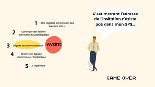 Avant
être capable de formuler des
besoins clairs
Concevoir des ateliers
pertinents de participation
La logistique
Soigner sa communication
Briefer son équipe
d’animateur / facilitateur
Game over
C’est marrant l’adresse
de l’invitation n’existe
pas dans mon GPS...
1
2
3
4
5
 