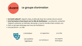 Avant Le groupe d’animation
Un brief collectif : objectif, enjeu, le déroulé, lever les craintes très en amont
Une formation d’une heure sur le rôle de facilitateur : se présenter, présenter
l’objectif, présenter la méthode, demander si tout le monde a bien compris, etc.
Faire un groupe whatsapp avec tous les facilitateurs
Une personne = un rôle
L'animateur
Les facilitateurs
Les experts
techniques
Le rapporteur
Les soutiens
logistiques
Le scribe
 
