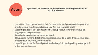 Avant
Le mobilier. Quel type de tables. Qui s’occupe de la configuration de l’espace. Est-
on à l’aise pour circuler dans l’espace une fois que tout est installé
L’acoustique. Est-ce que cela résonne beaucoup ? (peut générer beaucoup de
fatigue pour 100 personnes)
Sonorisation, projection de contenus et wifi
Récupérer le numéro de téléphone du responsable de la salle. Très précieux pour
préparer tout en amont, avoir des infos
Le parking et les accès. Faut-il prévoir un fléchage ? Si pas de parking, où se garer ?
le dire aux participants.
Logistique : du matériel va dépendre le format possible et le
confort de tous
 