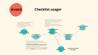 Avant Checklist usager
Un message a été envoyé avec l'ensemble
des informations la concernant
Un lien d'inscription lui a été envoyé
Un message de rappel lui est envoyé une
semaine avant le jour J
L'adresse a été communiquée, accompagnée
d'un plan indiquant les transports en communs,
la gare et des temps de marche entre les
différents lieux
Une signalisation depuis l'extérieur a été
disposée de sorte à se guider jusqu'à la zone de
concertation
Un message a été envoyé avec l'ensemble des
informations la concernant : un sommaire, les questions
et les thèmes qui seront abordés
L'objectif de la sollicitation est clairement affiché et
mis en avant : vous informer, comprendre vos besoins,
coconstruire le dispositif de demain, etc
Il sait les informations qui lui seront envoyés par la suite.
Il a compris comment sa parole sera pris en compte
Il sait que la
séquence existe
Il sait où se trouve
l’atelier et
comment il peut
s'y rendre
Il a compris en
quoi la séquence
le concernait
Le lieu qui accueille
la séquence est
accessible aux
personnes
handicapées
Le repas est adapté
au régime
alimentaire
L'horaire est
adaptée au public
cible
Contrainte d'activité
de l'usager
 