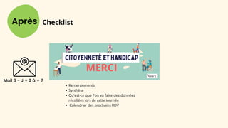 MERCI
Après
Remerciements
Synthèse
Qu'est-ce que l'on va faire des données
récoltées lors de cette journée
Calendrier des prochains RDV
Checklist
Mail 3 - J + 2 à + 7
 