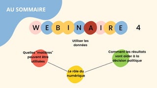AU SOMMAIRE
Quelles "matières"
peuvent être
utilisées
Le rôle du
numérique
Comment les résultats
vont aider à la
décision politique
W E I
B N R E
I A 4
Utiliser les
données
 