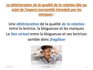 Une détérioration de la qualité de la relation
entre la lectrice, la blogueuse et les marques
Le lien virtuel entre la blogueuse et ses lectrices
semble donc fragiliser
23/10/2016 IHEC Carthage 21
La détérioration de la qualité de la relation liée au
rejet de l'aspect mercantile introduit par les
marques :
 