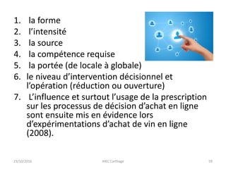 1. la forme
2. l’intensité
3. la source
4. la compétence requise
5. la portée (de locale à globale)
6. le niveau d’intervention décisionnel et
l’opération (réduction ou ouverture)
7. L’influence et surtout l’usage de la prescription
sur les processus de décision d’achat en ligne
sont ensuite mis en évidence lors
d’expérimentations d’achat de vin en ligne
(2008).
23/10/2016 IHEC Carthage 59
 