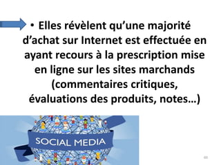 • Elles révèlent qu’une majorité
d’achat sur Internet est effectuée en
ayant recours à la prescription mise
en ligne sur les sites marchands
(commentaires critiques,
évaluations des produits, notes…)
23/10/2016 IHEC Carthage 60
 