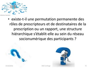 • existe-t-il une permutation permanente des
rôles de prescripteurs et de destinataires de la
prescription ou un rapport, une structure
hiérarchique s’établit-elle au sein du réseau
socionumérique des participants ?
23/10/2016 IHEC Carthage 73
 