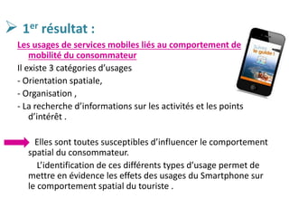  1er résultat :
Les usages de services mobiles liés au comportement de
mobilité du consommateur
Il existe 3 catégories d’usages
- Orientation spatiale,
- Organisation ,
- La recherche d’informations sur les activités et les points
d’intérêt .
Elles sont toutes susceptibles d’influencer le comportement
spatial du consommateur.
L’identification de ces différents types d’usage permet de
mettre en évidence les effets des usages du Smartphone sur
le comportement spatial du touriste .
 