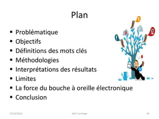 Plan
 Problématique
 Objectifs
 Définitions des mots clés
 Méthodologies
 Interprétations des résultats
 Limites
 La force du bouche à oreille électronique
 Conclusion
23/10/2016 IHEC Carthage 96
 