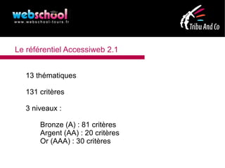 Le référentiel Accessiweb 2.1


   13 thématiques

   131 critères

   3 niveaux :

       Bronze (A) : 81 critères
       Argent (AA) : 20 critères
       Or (AAA) : 30 critères
 