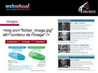 Images

<img src="fichier_image.jpg"
alt="contenu de l'image" />
 