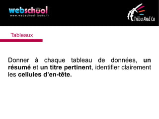 Tableaux



Donner à chaque tableau de données, un
résumé et un titre pertinent, identifier clairement
les cellules d’en-tête.
 