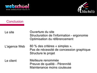 Conclusion


Le site        Ouverture du site
               Structuration de l'information - ergonomie
               Optimisation du référencement

L'agence Web   80 % des critères « simples ».
               Pas de nécessité de concession graphique
               Structure le projet

Le client      Meilleure renommée
               Preuve de qualité - Pérennité
               Maintenance moins couteuse
 