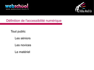 Définition de l'accessibilité numérique


   Tout public

      Les séniors

      Les novices

      Le matériel
 