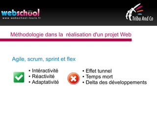 Méthodologie dans la réalisation d'un projet Web
Agile, scrum, sprint et flex
● Intéractivité
● Réactivité
● Adaptativité
● Effet tunnel
● Temps mort
● Delta des développements
 