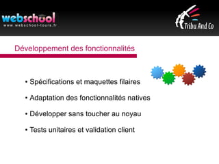 Développement des fonctionnalités
● Spécifications et maquettes filaires
● Adaptation des fonctionnalités natives
● Développer sans toucher au noyau
● Tests unitaires et validation client
 