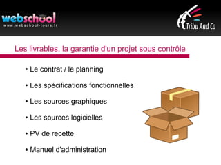 Les livrables, la garantie d'un projet sous contrôle
● Le contrat / le planning
● Les spécifications fonctionnelles
● Les sources graphiques
● Les sources logicielles
● PV de recette
● Manuel d'administration
 